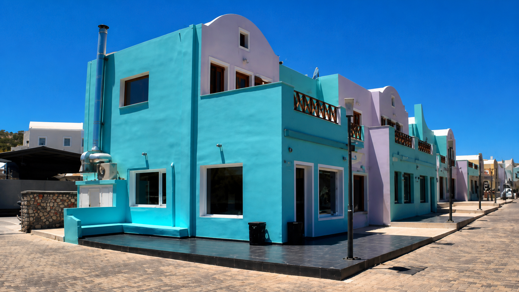 Santorini street setting, enhanced from a supplied Golden Grill House photograph