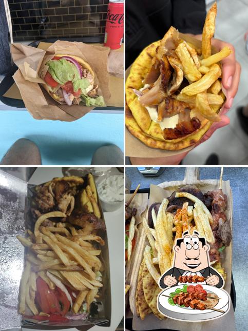 Golden Grill House food photo collage showing gyro wraps and a plated meal